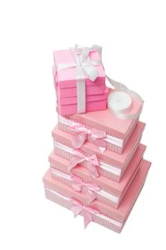 Stack of pink gift boxes with ribbons Foto stock
