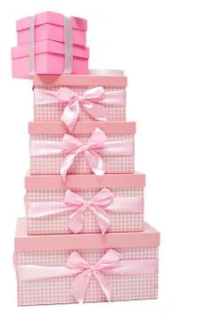 Stack of pink gift boxes with ribbons Foto stock