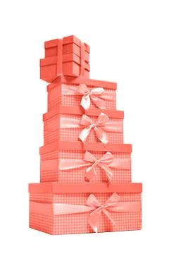 Stack of pink gift boxes with ribbons Foto stock