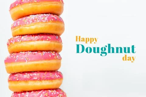 Stack of pink glazed donuts. Donut day. Foto stock