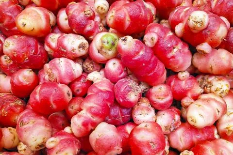 Stack of pink oca on a market stall 스톡 사진