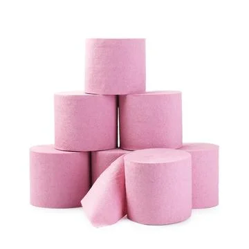 Stack of pink toilet paper rolls isolated on white Stock Photos