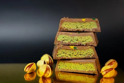 Stack of Pistachio Chocolates. Gourmet Artisan Dessert Stock Photos