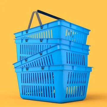 Stack of plastic basket from supermarket for online shopping on yellow. Stock Illustration