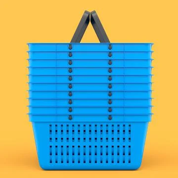 Stack of plastic basket from supermarket for online shopping on yellow. 스톡 일러스트