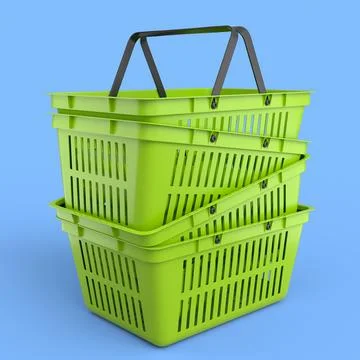 Stack of plastic basket from supermarket for online shopping on blue backgr.. 库存插图