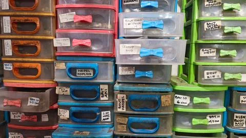 Stack of plastic drawers containing spare parts Stock Photos