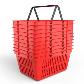 Stack of plastic shopping basket from supermarket on white background. 3d ren Stock Illustration