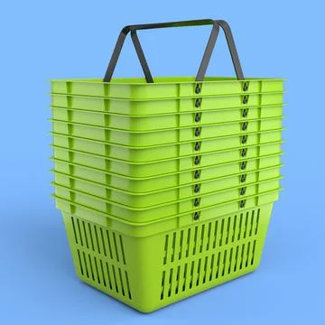 Stack of plastic shopping basket from supermarket on blue background. 3d rend Stockillustratie