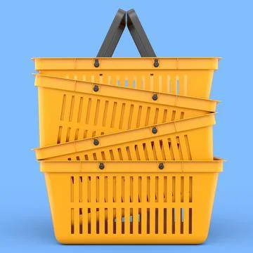 Stack of plastic shopping basket from supermarket on blue background. 3d rend 库存插图