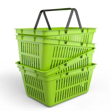 Stack of plastic shopping basket from supermarket on white background. 3d ren Stockillustratie