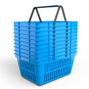 Stack of plastic shopping basket from supermarket on white background. 3d ren Stock Illustration