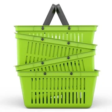 Stack of plastic shopping basket from supermarket on white background. 3d ren 库存插图