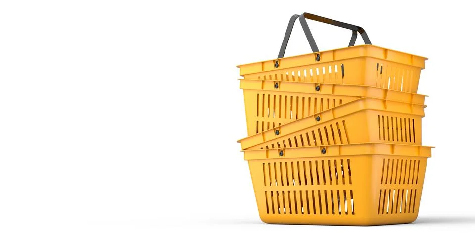 Stack of plastic shopping basket from supermarket on white background. 3d ren Stock Illustration