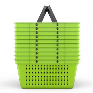 Stack of plastic shopping basket from supermarket on white background. 3d ren Illustrazione stock