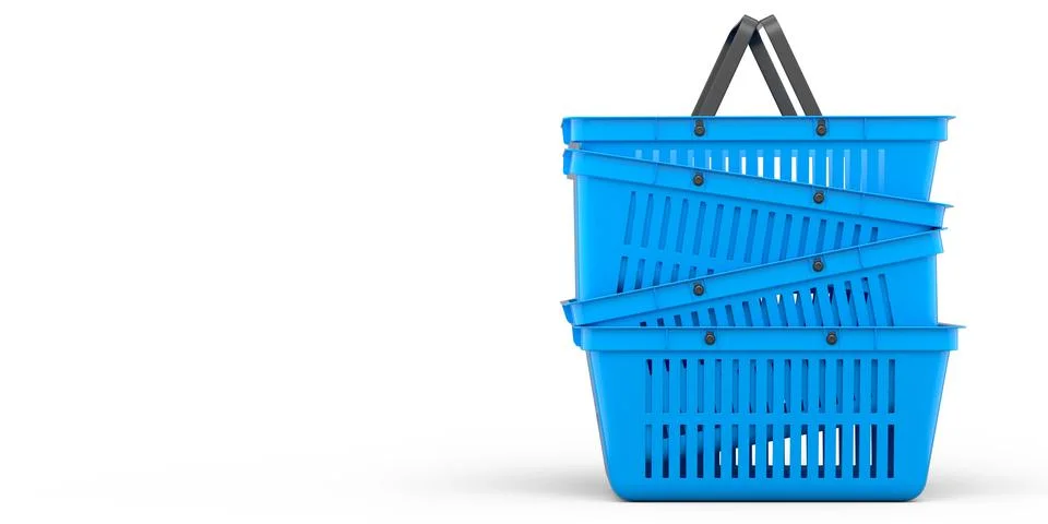Stack of plastic shopping basket from supermarket on white background. 3d ren Stock Illustration