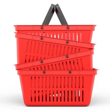 Stack of plastic shopping basket from supermarket on white background. 3d ren Stock Illustration