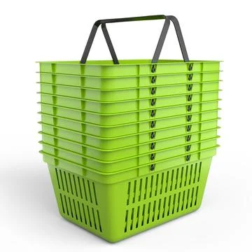 Stack of plastic shopping basket from supermarket on white background. 3d ren Stock Illustration