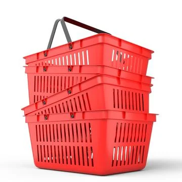 Stack of plastic shopping basket from supermarket on white background. 3d ren 库存插图