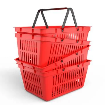 Stack of plastic shopping basket from supermarket on white background. 3d ren Stockillustratie