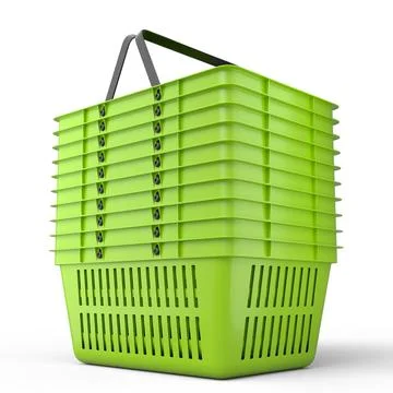 Stack of plastic shopping basket from supermarket on white background. 3d ren 스톡 일러스트