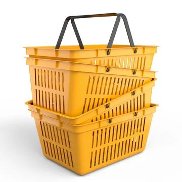Stack of plastic shopping basket from supermarket on white background. 3d ren Stock Illustration