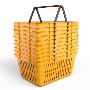 Stack of plastic shopping basket from supermarket on white background. 3d ren Stock Photos