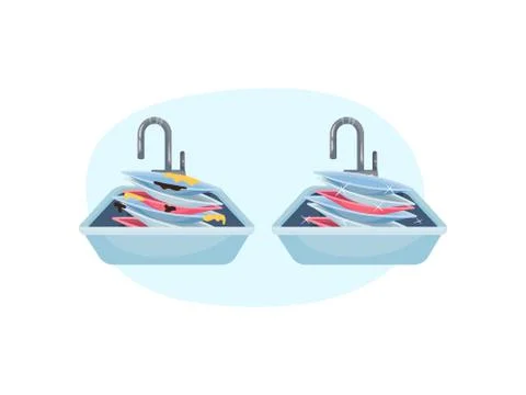 Stack of plates in the sink. Vector illustration on blue oval shape background. Stock Illustration