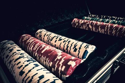 Stack of poker chips in a case Stock Photos
