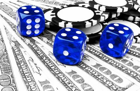 Stack of Poker chips with dice rolls on a dollar bills, Money. Poker table .. Stock Photos