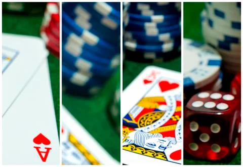 Stack Poker chips pair dice ace king hearts playing cards face up. Stock Photos