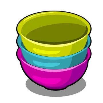 A stack of polymer bowls of different colors isolated on a white background Stock Illustration