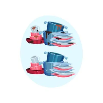 Stack of pots, plates and mugs on the table. Vector illustration on blue Stock Illustration