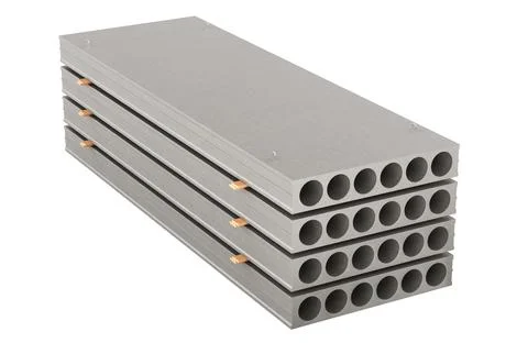 Stack of precast hollow core concrete floor slabs with lifting loops. 3D re.. Stock Illustration