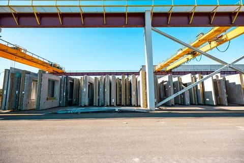 Stack of precast reinforced concrete slabs in a house-building factory worksh Foto stock