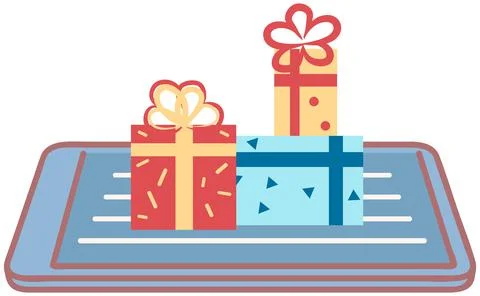 Stack of presents on smartphone screen. Application for buying and ordering 库存插图