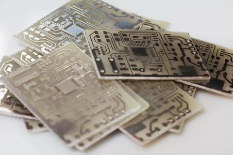 Stack of Printed Circuit Board. Pile of PCB isolated on white background. Des Foto stock