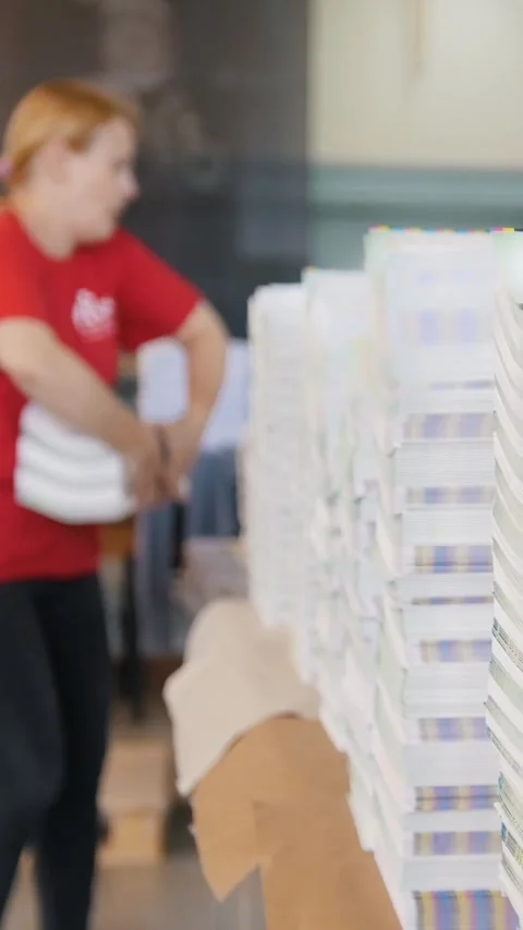 Stack of printed newspapers in front of working women in the typography Stock Footage 346706588
