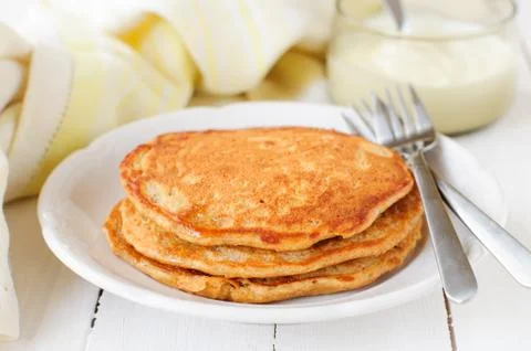 A Stack of Pumpkin Pancakes, copy space for your text Stock Photos