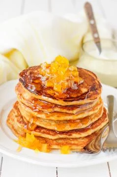 A Stack of Pumpkin Pancakes Topped with Pumpkin-in-Syrup Preserves, copy spac Stock Photos