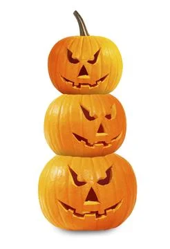 Stack of pumpkins with carved spooky faces on white background. Halloween j.. 스톡 사진