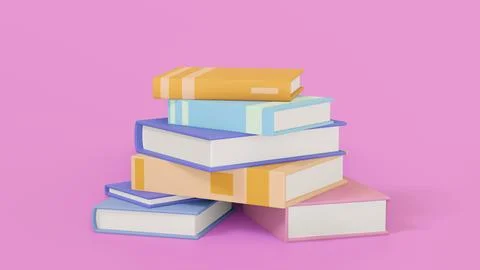Stack of random books colorful on pink background, 3d render Stock Illustration