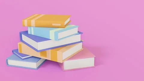 Stack of random books colorful on pink background, 3d render 스톡 일러스트