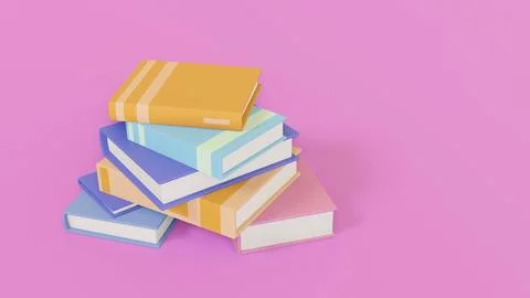 Stack of random books colorful on pink background, 3d render Illustrazione stock