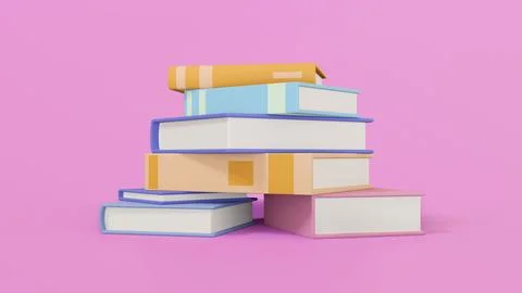 Stack of random books colorful on pink background, 3d render Stock Illustration