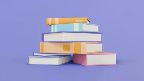 Stack of random books colorful on purple background, 3d render Stock Illustration