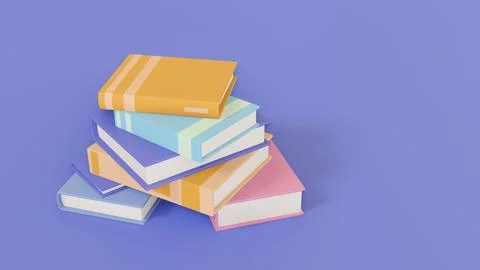Stack of random books colorful on purple background, 3d render Stock Illustration