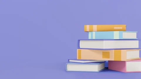 Stack of random books colorful on purple background, 3d render Illustrazione stock