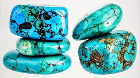 A stack of raw turquoise stones with matrix patterns in blue and green, iso.. Stock Photos