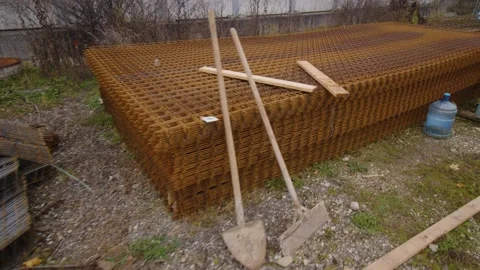 Stack of rebar grids at construction site Stock Footage 229179080